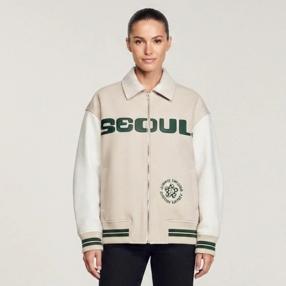 Topshop Seoul Varsity Bomber Jacket Cream Green Faux Street Wear Size S - Picture 1 of 8